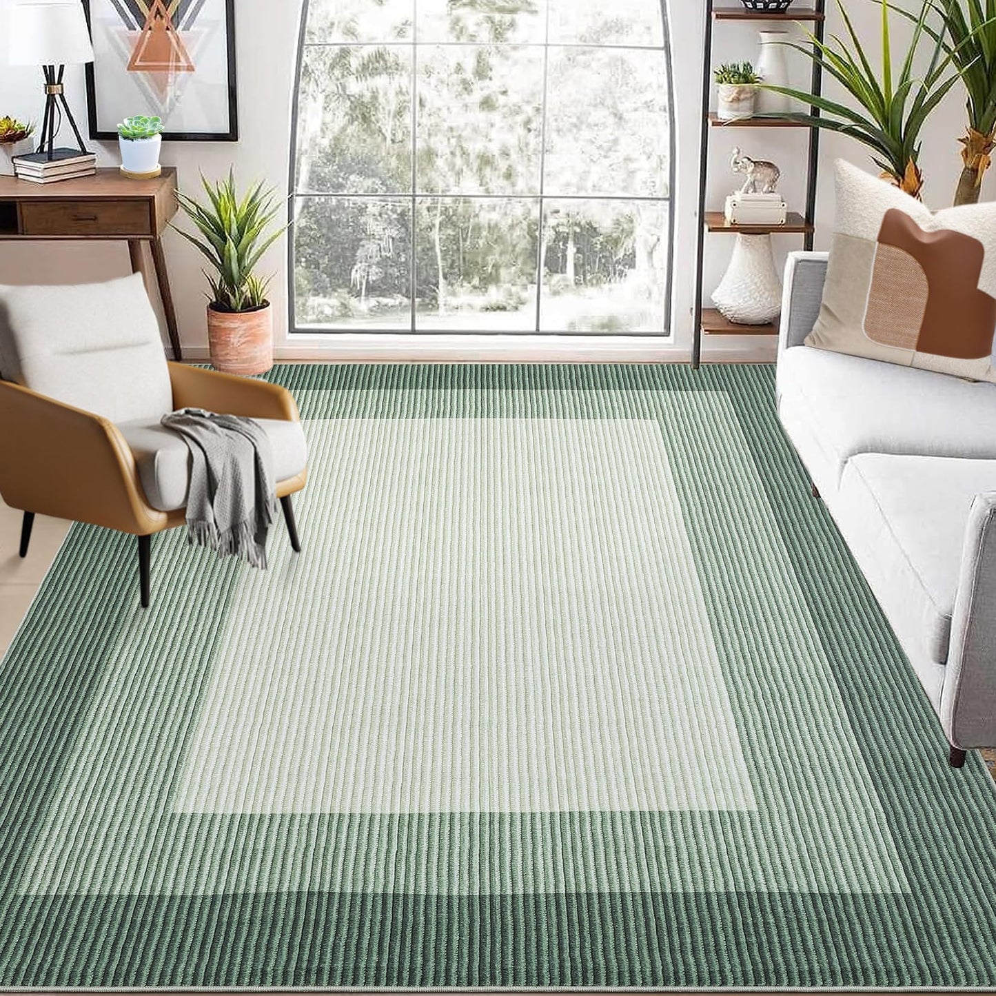 GarveeHome Washable Rug 8x10 Living Room Rug Neutral Bordered Carpet for Dining Room Solid Non Slip Low Pile Pet Friendly Large Carpet for Farmhouse Apartment Bedroom Dorm Green