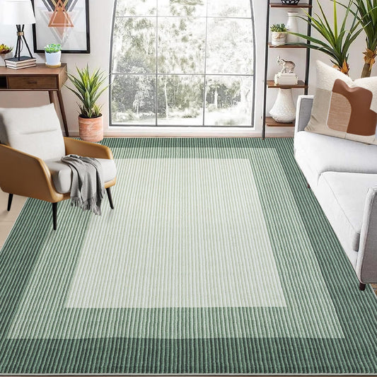 GarveeHome Washable Rug 8x10 Living Room Rug Neutral Bordered Carpet for Dining Room Solid Non Slip Low Pile Pet Friendly Large Carpet for Farmhouse Apartment Bedroom Dorm Green