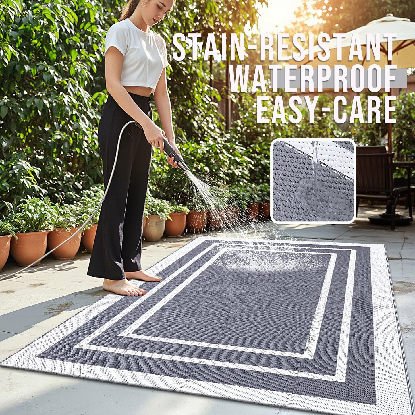OLANLY Outdoor Rug 4x6 ft Waterproof, Reversible Outdoor Plastic Straw Rug, RV Mat, Indoor Outdoor Carpet Clearance for Patio, Camping, Balcony, Deck, Backyard, Grey & White
