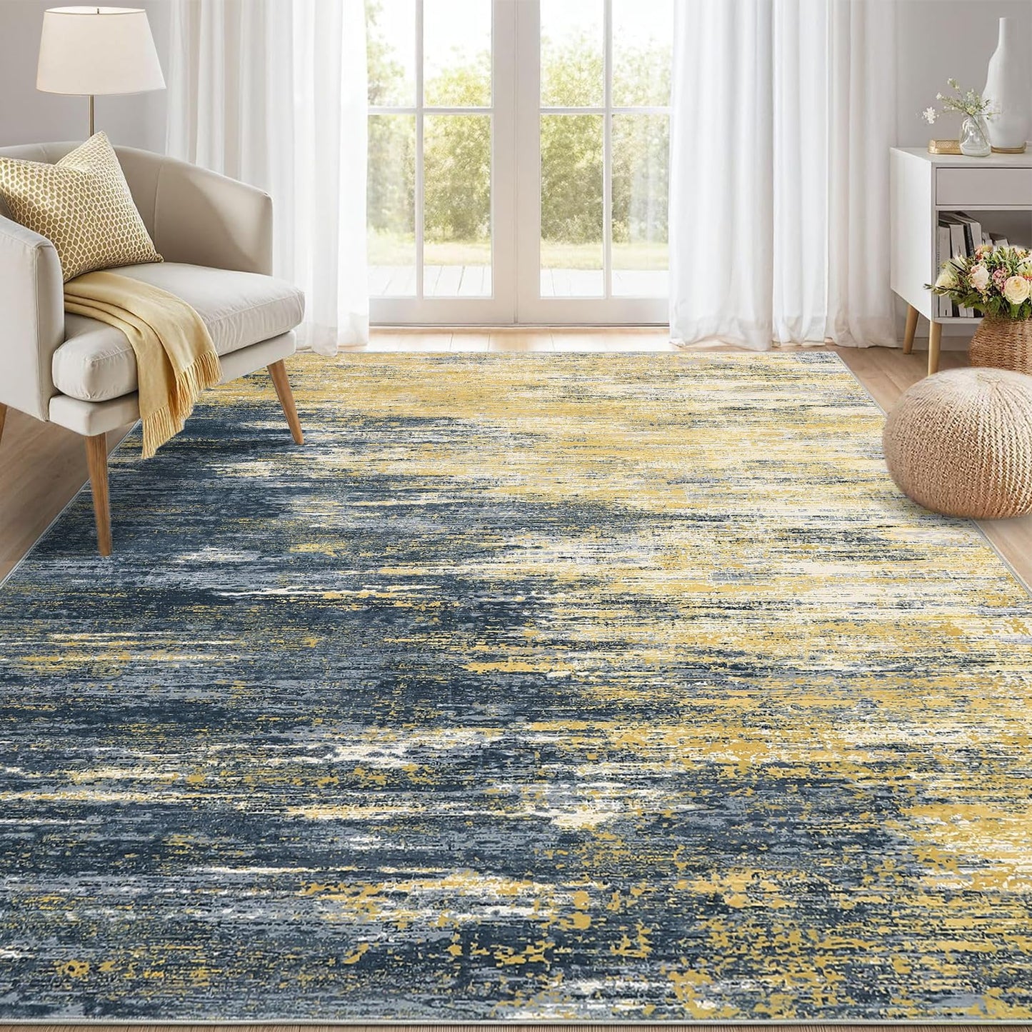 ROYHOME Modern Abstract Living Room Rug 8x10, Washable Area Rugs for Bedroom, Stain Resistant Non Slip Large Rug, Soft Indoor Carpet for Dining Room Table Home Decor, Yellow/Black