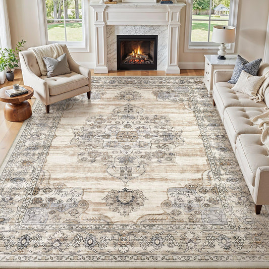 Jessibou Washable 6x9 Area Rug for Living Room - Ultra Soft Vintage Carpet with Non-Slip Backing, Stain Resistant Low-Pile Indoor Rug for Bedroom & Home Office, Kid & Pet Friendly - Beige