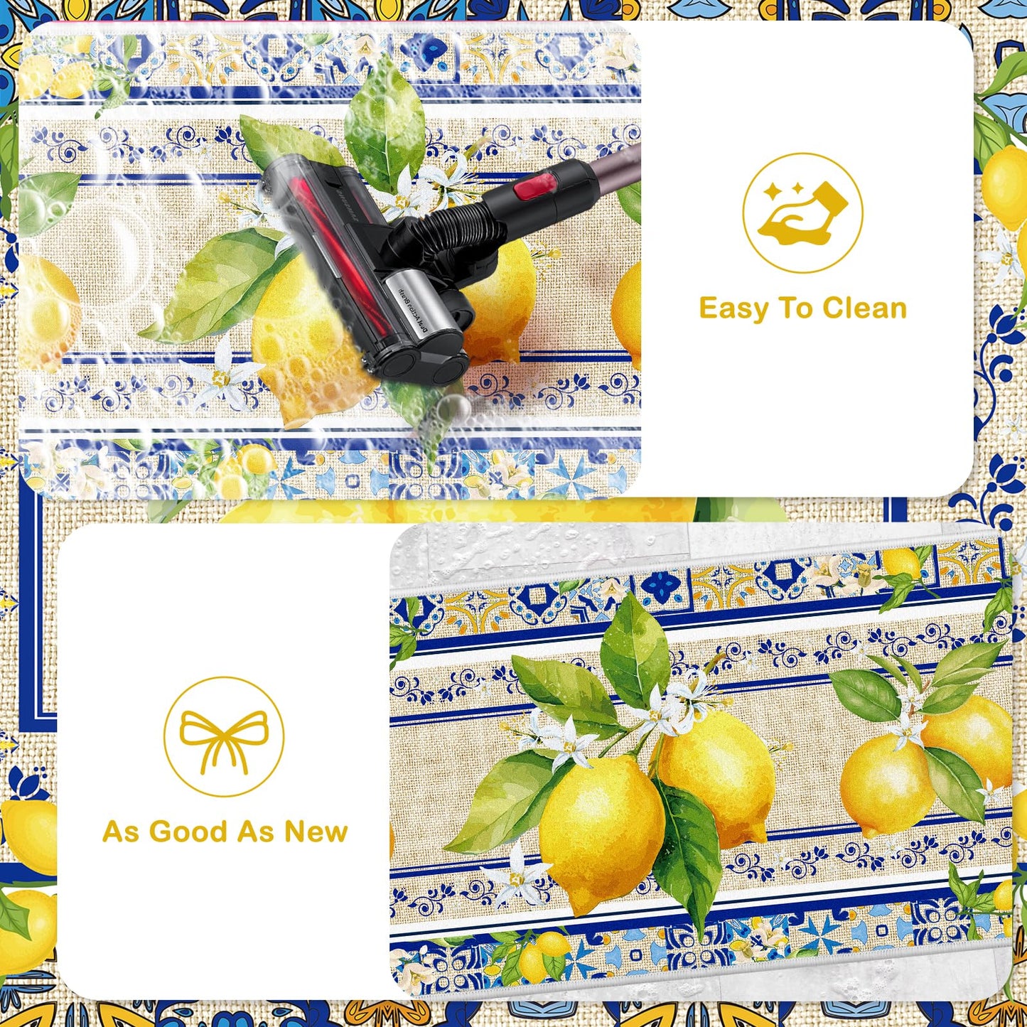 InIsaJace Lemon Kitchen Mats Set of 2, Mediterranean Kitchen Rugs Non Slip for Floor, Amalfi Coast Decor Yellow and Blue Decorative Rug for Home (16x28 +16x47 Inches)