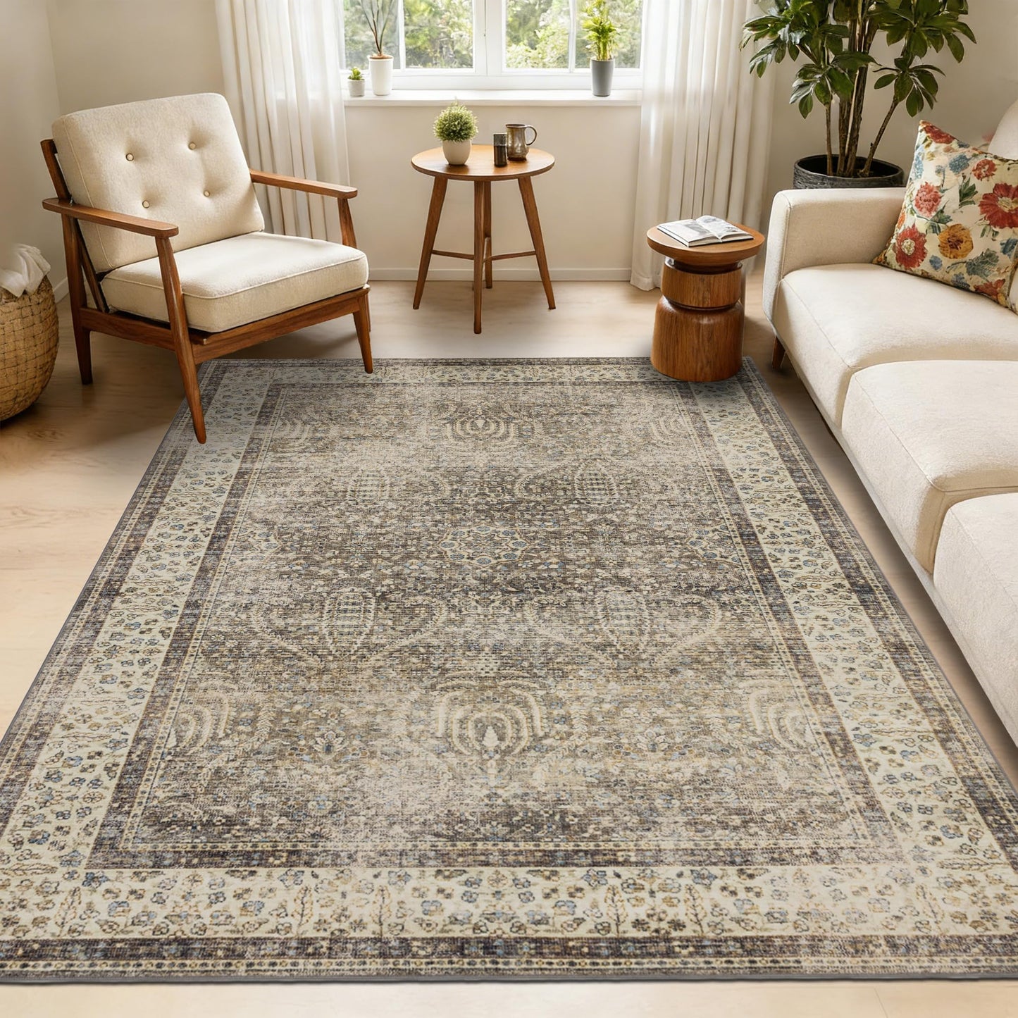 Brown 5x7 Area Rugs for Living Room, Vintage Washable Rugs with Non-Slip Backing, Low Pile Retro Soft Carpet for Bedroom, Study Room, Home Office, Dining Room, Brown
