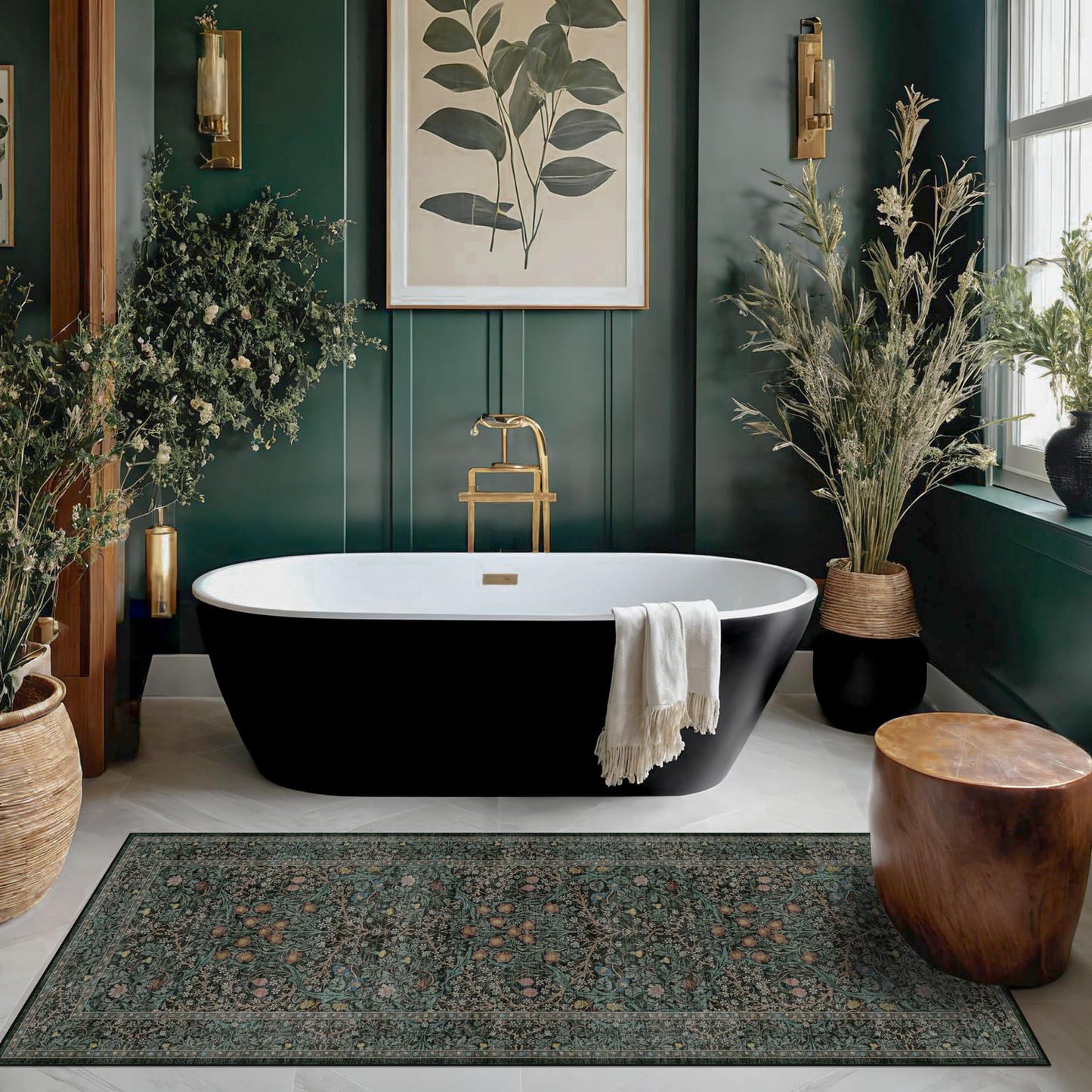 Dark Green 2x5 Runner Rug Non Slip Washable for Bathroom, Kitchen, Floral Boho Low Pile Entryway Rug, Door Mat Indoor Entrance, Small Carpet Runner for Laundry Room