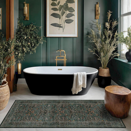 Dark Green 2x5 Runner Rug Non Slip Washable for Bathroom, Kitchen, Floral Boho Low Pile Entryway Rug, Door Mat Indoor Entrance, Small Carpet Runner for Laundry Room