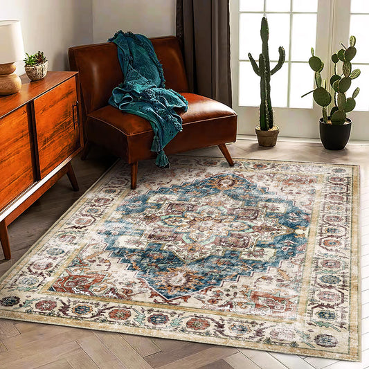 CHAMPLANT Washable Area Rug 5'x7' for Living Room Retro Beige Blue Boho Chic Medallion Distressed Design Indoor Non-Slip Large Persian Oriental Accent Throw Rug for Kitchen Bedroom Office Carpet