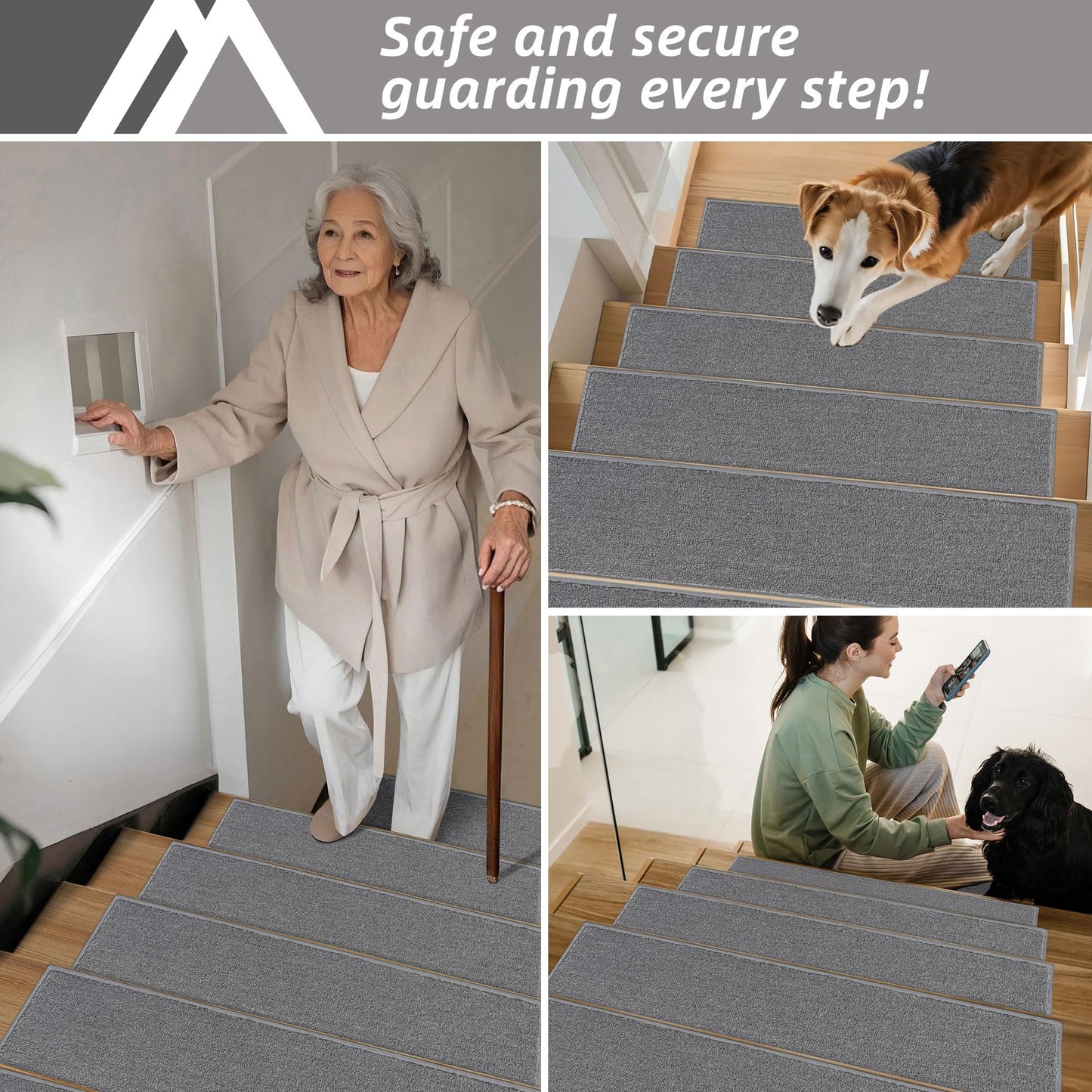 COSY HOMEER Stair Treads Non-Slip Carpet Stair Treads for Wooden Steps, Indoor Stair-Runner Rugs for Kids Elders & Pets 28"x9" (15Pc, Gray)