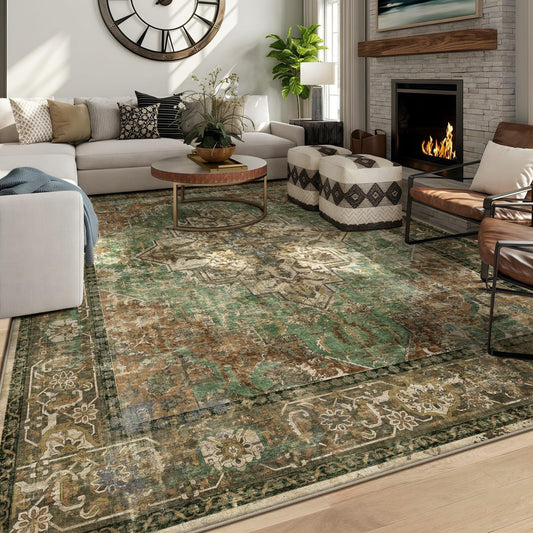 8x10 Machine Washable Area Rug for Living Room, Brown Green Boho Vintage Floral Rug Large Non-Slip Low Pile Soft Faux Wool Carpet, Kids and Pets Friendly for Bedroom Dining Room Farmhouse Decor Rug
