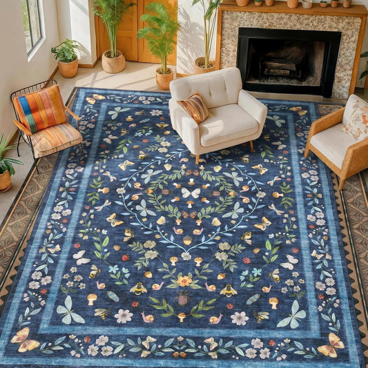 GarveeHome Insect Low Pile Area Rug 5x7 for Living Room Bedroom Non Slip Machine Washable Botanical Rug Stain Resistant Vintage Floral Rugs Colorful for Entryway, Blue