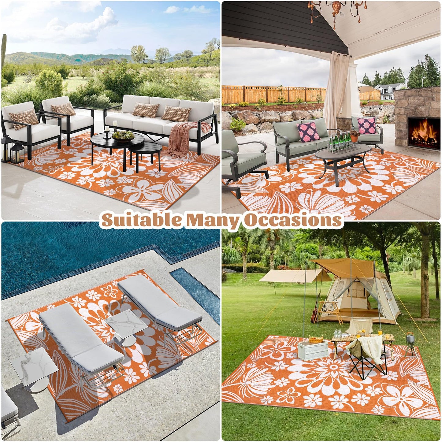 Ileading Outdoor Patio Rug, Orange Floral Reversible Outdoor Rug, Waterproof Plastic Straw Mat, Portable Outside Deck Area Rug, Camping RV Carpet for Porch Balcony (6×9 ft)