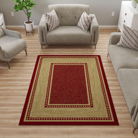 Ottomanson Area Rug 5' x 6'6" – Non Slip Rubber Backed Indoor Rug for Living Room, Bedroom, Dining Room, Low Pile Floor Carpet, Durable Accent Area Rug, Border Red