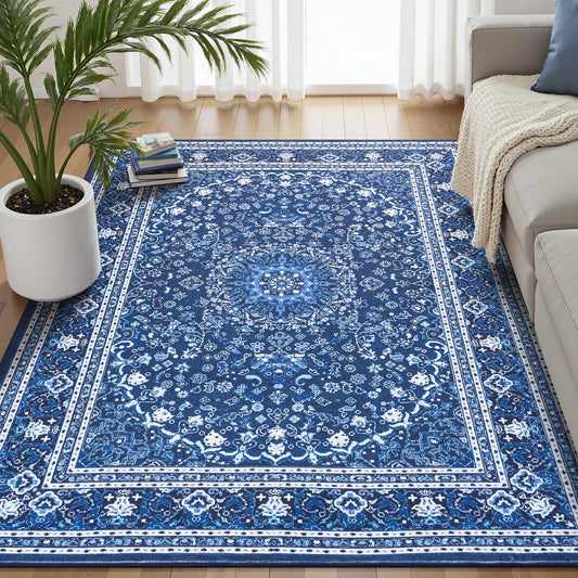 Lofus 5x7 Area Rugs for Living Room, Machine Washable Non-Slip Area Rug, Low Pile Large Rugs for Bedroom, Kitchen, Dining Room, Home Office, Vintage Oriental Print Rug, Dark Blue with White
