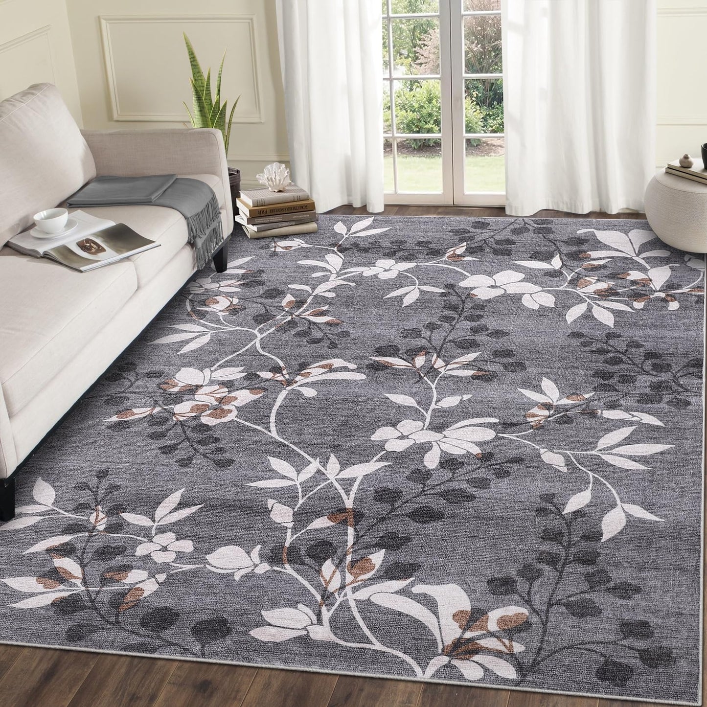 Garvee 5x7 Washable Living Room Rugs, Non Slip Bedroom Rugs, Large Floral Print Throw Carpet for Dining Room, Soft Low Pile Botanical Home Decor Rug for Nursery Home Office, Grey