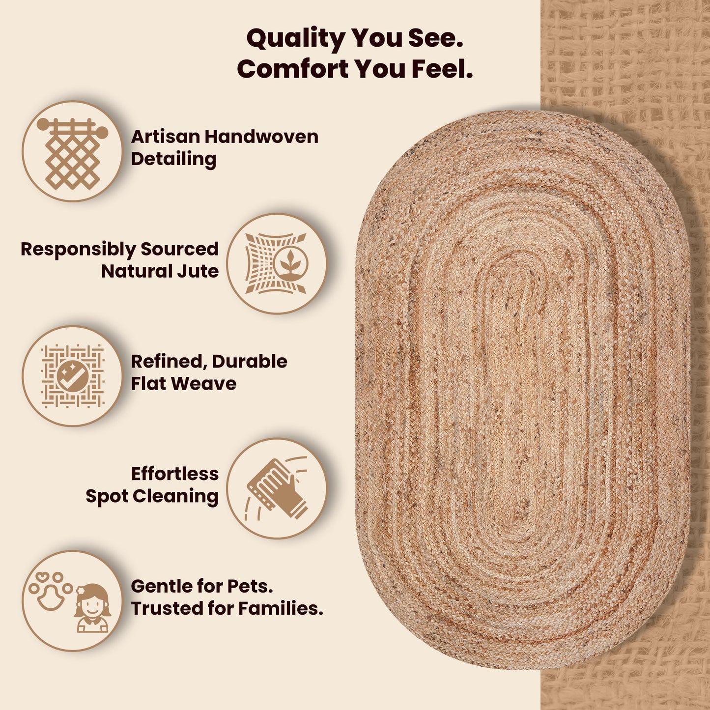 Craft Trade Oval Jute Area Rug, 3x5 Feet (36x60 Inch), Natural Braided Handwoven Floor Carpet, Reversible Oval Jute Rug for Entryway, Kitchen and Bedside