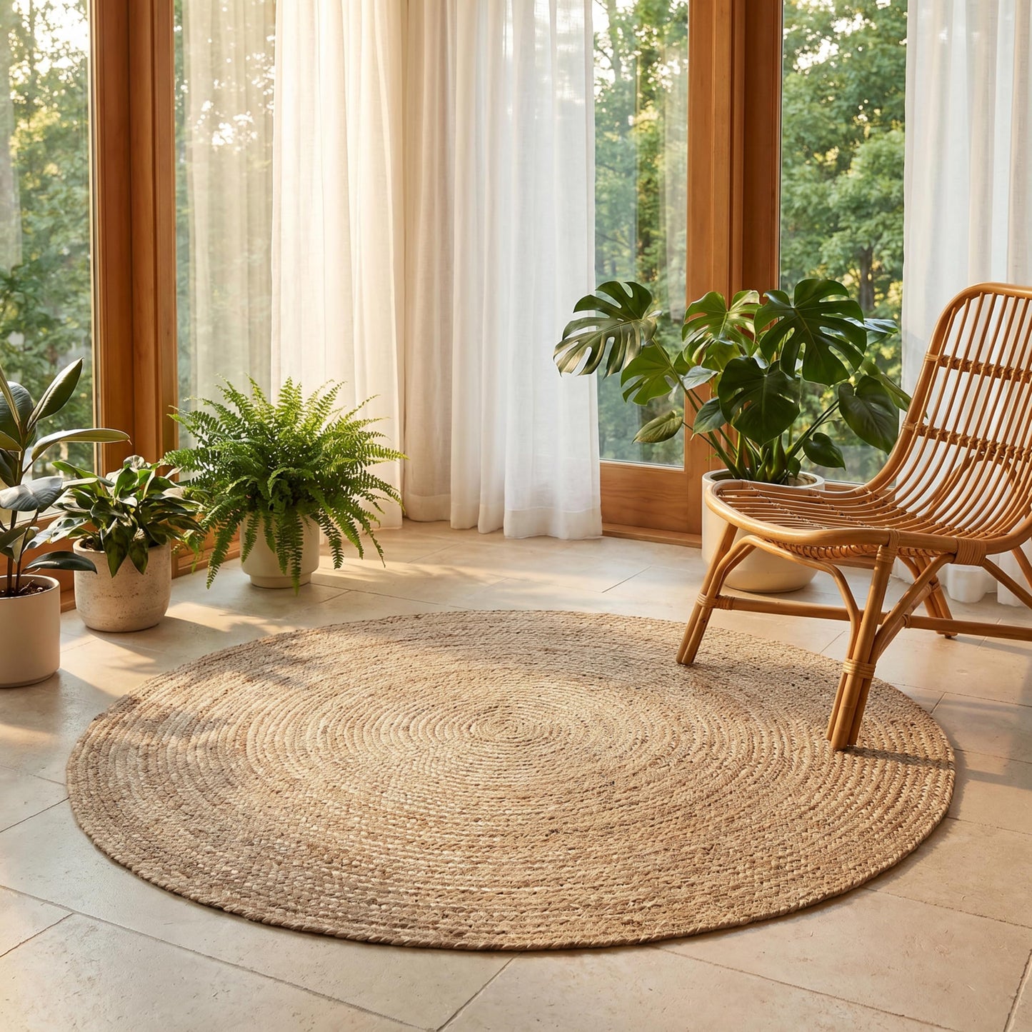 Jute Braided Area Rug, Natural - 4 Feet Round, Boho Neutral Rattan Circle Hand Woven Rugs for Living Room, Bedroom, Nursery, Kitchen, Indoor Use | Farmhouse Rustic Patio Floor Mat for Home Décor