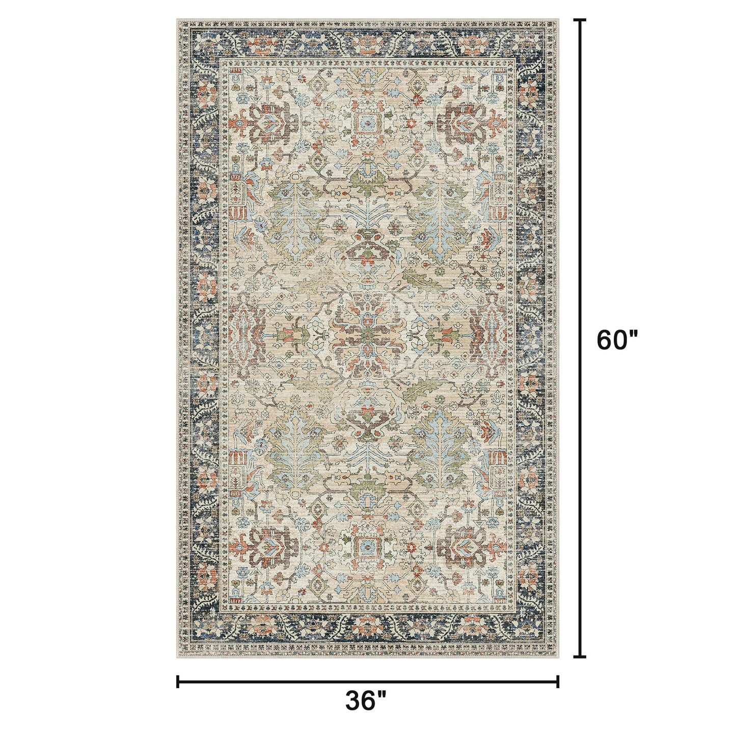 Bavni Area Rug 3x5, Non-Slip Washable Rugs for Living Room Office, Boho Distressed Printed Rug, Low Pile Foldable Decorative Carpet for Bedroom Kitchen Office, Ivory/Teal
