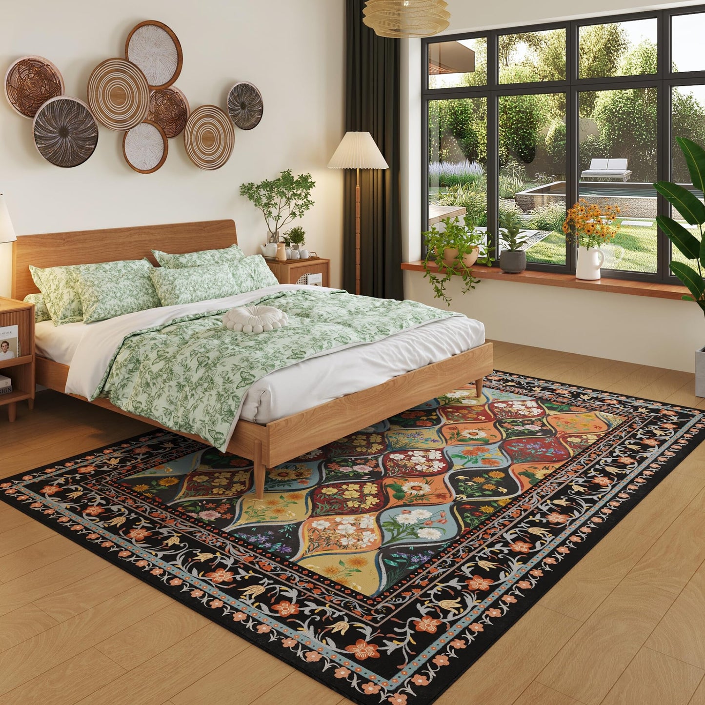 Vowkten Bohemian Geometric Floral Area Rugs 5x7, Machine Washable, Low Pile Soft Carpet, Non-Slip for Living Room, Bedroom, Dining Room, Farmhouse, Kids Playroom, Office | Black