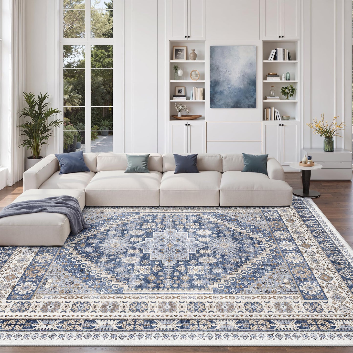 zesthome 9x12 Area Rugs,Stain Resistant Washable Rug,Ultra-Thin Rugs for Living Room,Bedroom,Non-Slip Backing Home Decor Large Area Rug (Blue/Beige,9'x12')
