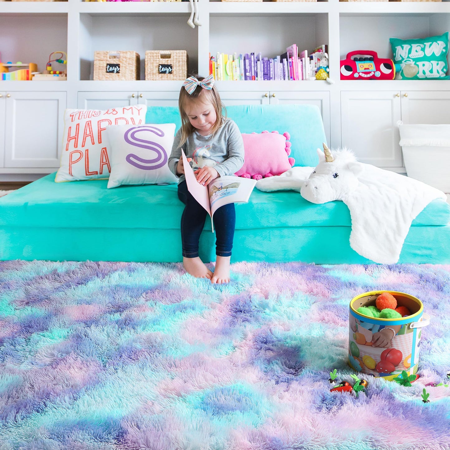 PAGISOFE Cute Furry Pastel Rug for Girls Bedroom, Soft Adorable Rainbow Purple Tent Rugs for Livingroom, Kid Room,Playroom Nursery Home Decor,Plush Mermaid Kawaii Rug Fluffy Carpet 4x6 Area Rug Sturdy