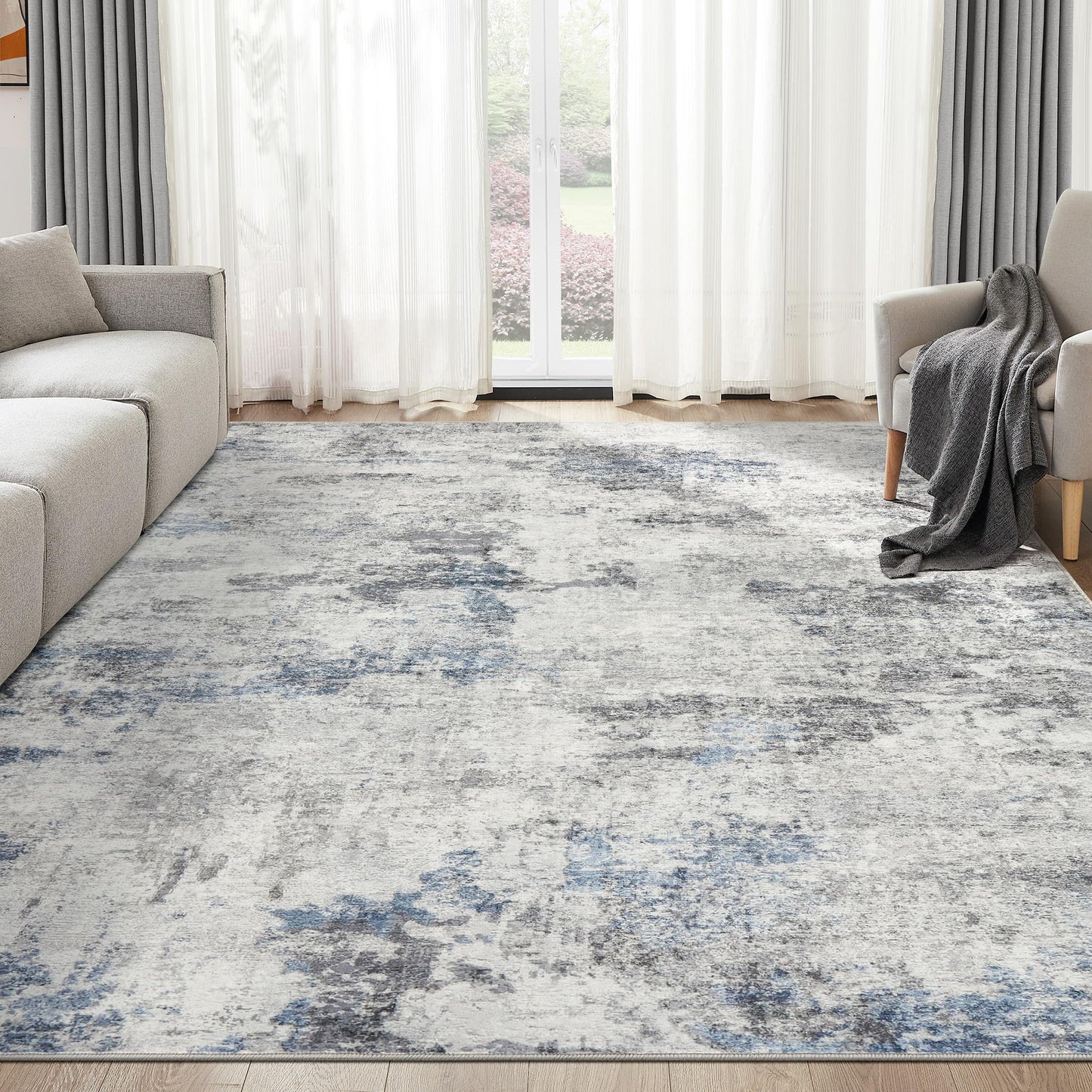DMOYEST 10x14 Area Rug for Living Room, Washable & Non Slip Large Indoor Carpet, Kid & Pet Friendly Soft Thin Low Pile Abstract Rug for Bedroom and Office - Grey Blue