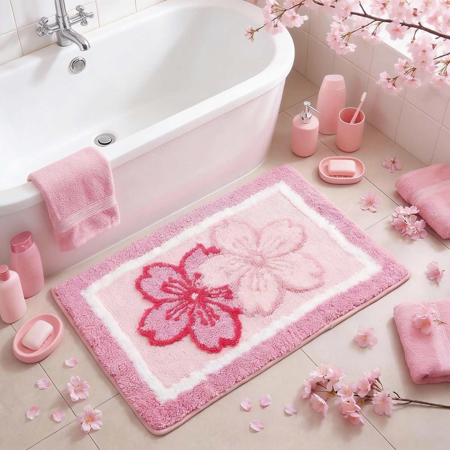 Boao Cherry Bath Mat Blossom Pink Flower Tufted Bathroom Rug Non Slip Soft Absorbent Tufted Cute Cherry Bathroom Accessories Decor for Bedroom Kitchen Floor Tub Shower Sink, 24 x 16 Inches