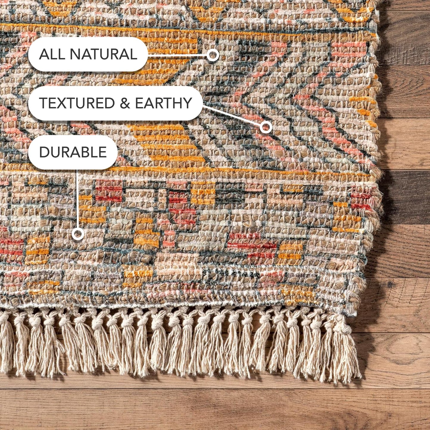 Nuloom Hermina Multicolor/Ivory, 6' Round, Handmade, Jute, Tribal, Tasseled, Soft and Textured, High Traffic, Stain Resistant, Easy Clean, Durable Runner for Bedroom, Living Room, Dining, Foyer