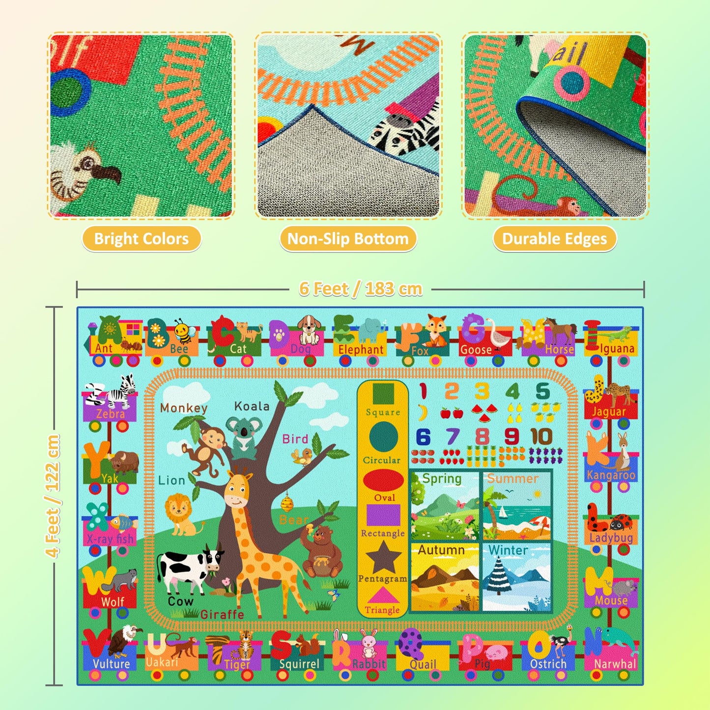 Maxsoft Kids Rug for Playroom, Educational 4x6 Play Mat for Classroom, Washable Playmat for Learning ABC Alphabet Animal Season Shapes Numbers Daycare Rug for Kids Room Nursery Children Toddler