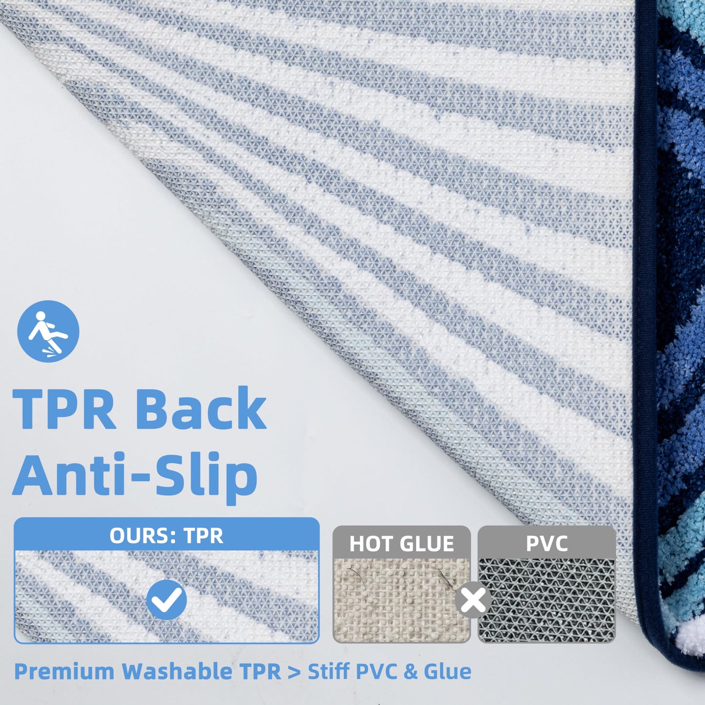 Cevolyn Blue Bathroom Rug, Plush Microfiber Absorbent Funky Non Slip Bath Mat, High Pile Tufted Shower Rug with 3D Striped Pattern, Aesthetic Modern Decor, Machine Washable, 20"x32"