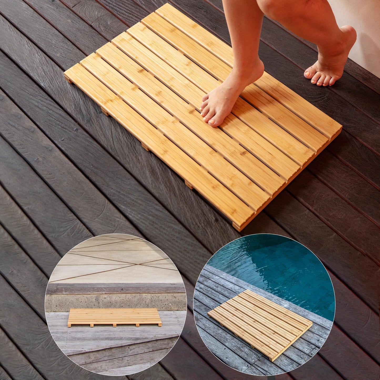 Large Natural Bamboo Bath Mat – Non-Slip Design Sauna Floor Mat, Secure Grip Pads, Water-Resistant Coating, Durable for Indoor/Outdoor Use, Bamboo Decor