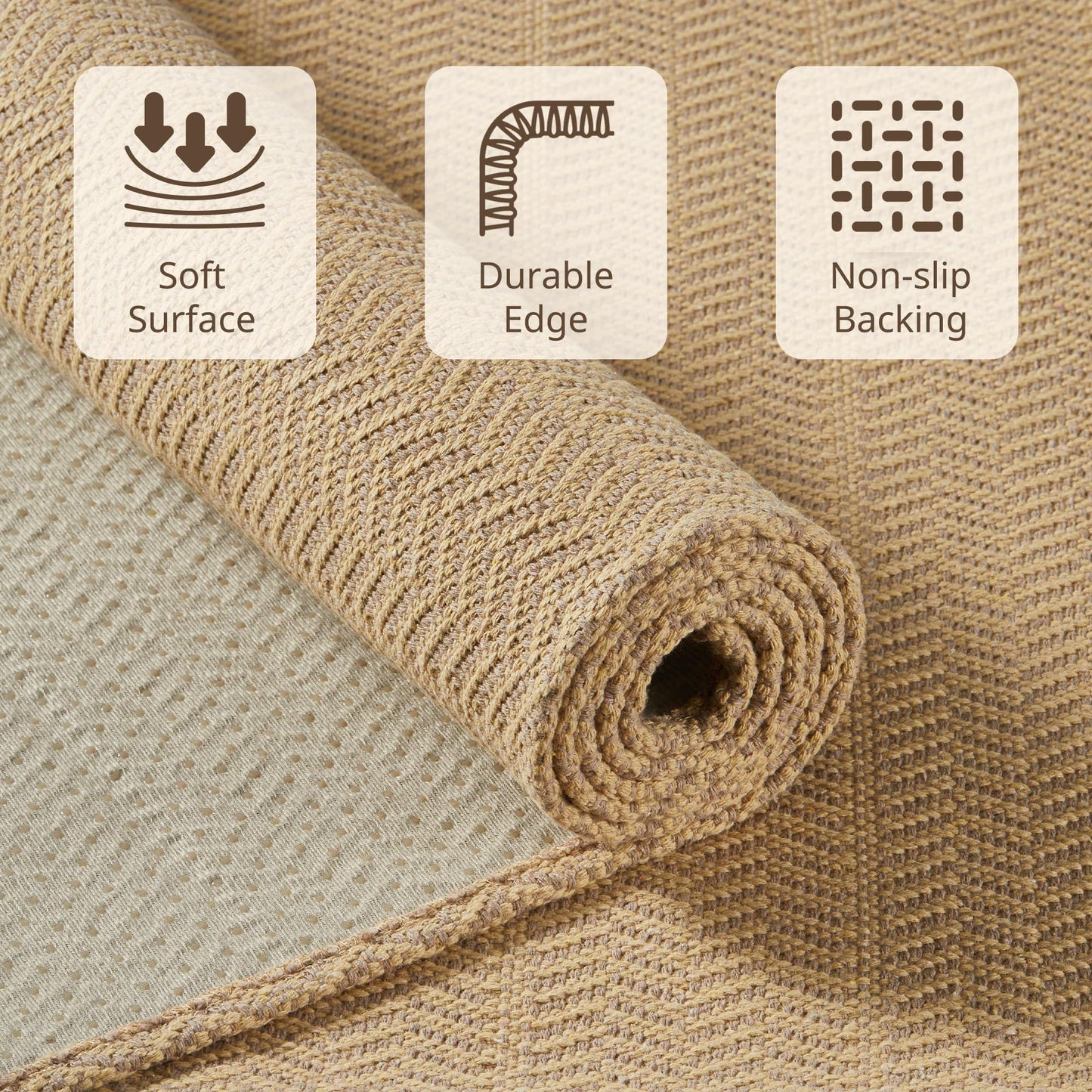 MatEssenz 2x4 ft Faux Linen Accent Rug, Washable Woven Textured Small Area Carpet for Bedside Porch, Slip Resistant Gel Backing Indoor Floor Mat for Bedroom Dorm, Khaki