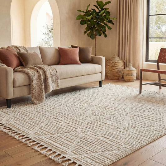 SAFAVIEH Area Rug 8x10 - Marrakesh Collection - Large - Beige, Moroccan Trellis Design with Tassel Detail, Non-Shedding & Easy to Clean, Ideal for Living Room, Bedroom, Dining Space (MRK517C)