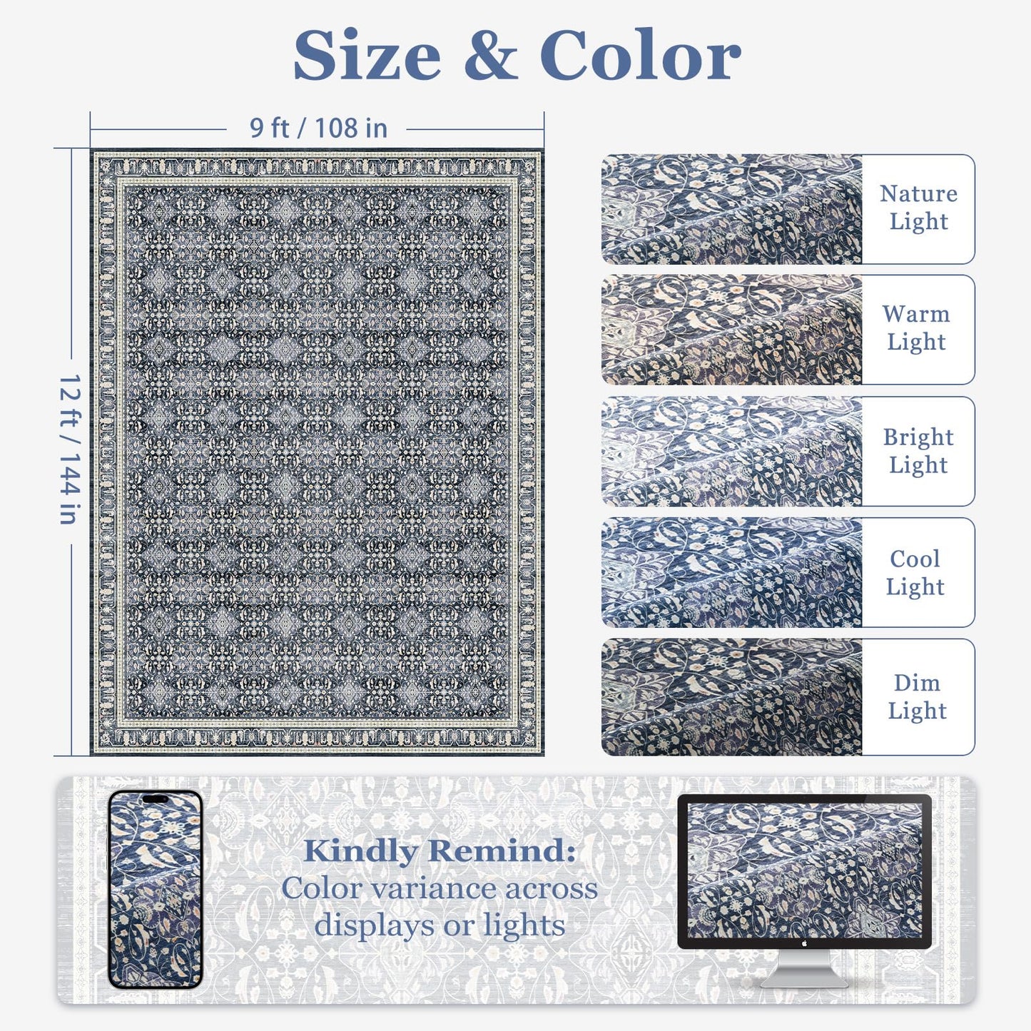 Jainmy Boho Floral Moroccan Trellis Large Area Rugs 9x12 for Living room, Dark Blue Classic Transitional Style Room Carpet Rug for Bedroom Dining Room, Washable Rug with Rubber Back Low Pile Thin Soft