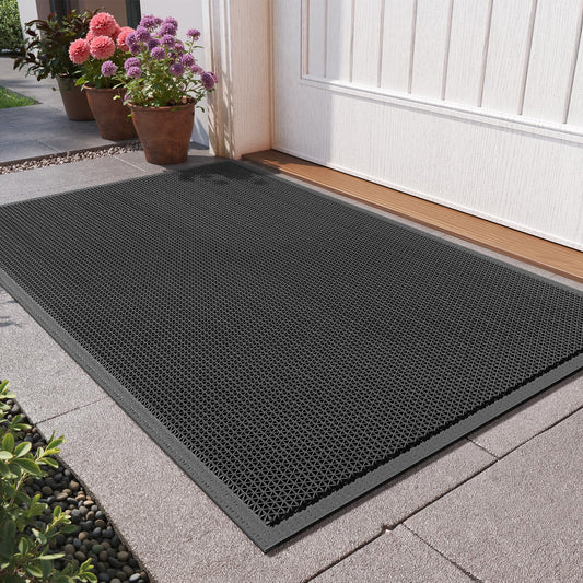 QiCaiJia Front Door Mat 20''x31'', Drainage Heavy Duty Dirt Trapping Non-Slip Doormats, Outdoor Rubber Floor Mats, Restaurant Commercial Kitchen Industral Pool Entrance Bar Wet Area, Black