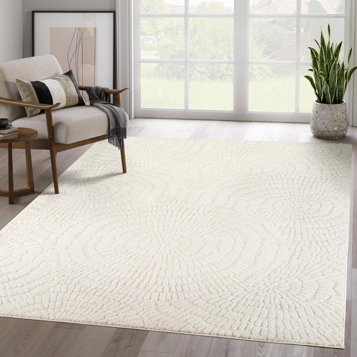 Abani Cozy Cream Area Rug for Living Room, Bedroom - Textured Floral Circle Pattern - 5' x 8' - Durable & Easy to Clean