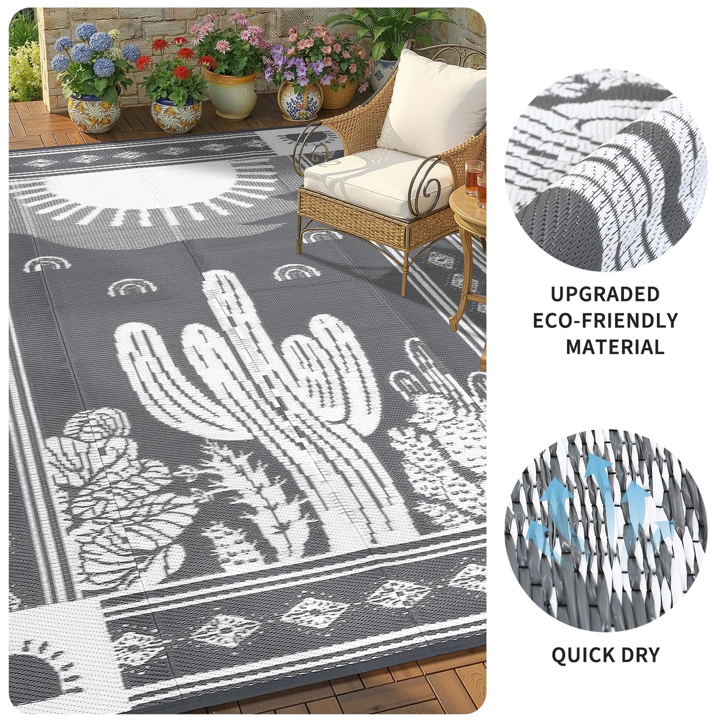Garvee Waterproof Outdoor Rug 5x8, Cactus Botanical Outdoor Plastic Straw Rug for Camping, Reversible RV Mat Outside, Indoor Outdoor Carpet for Porch, Deck, Backyard, Balcony, Picnic, Grey