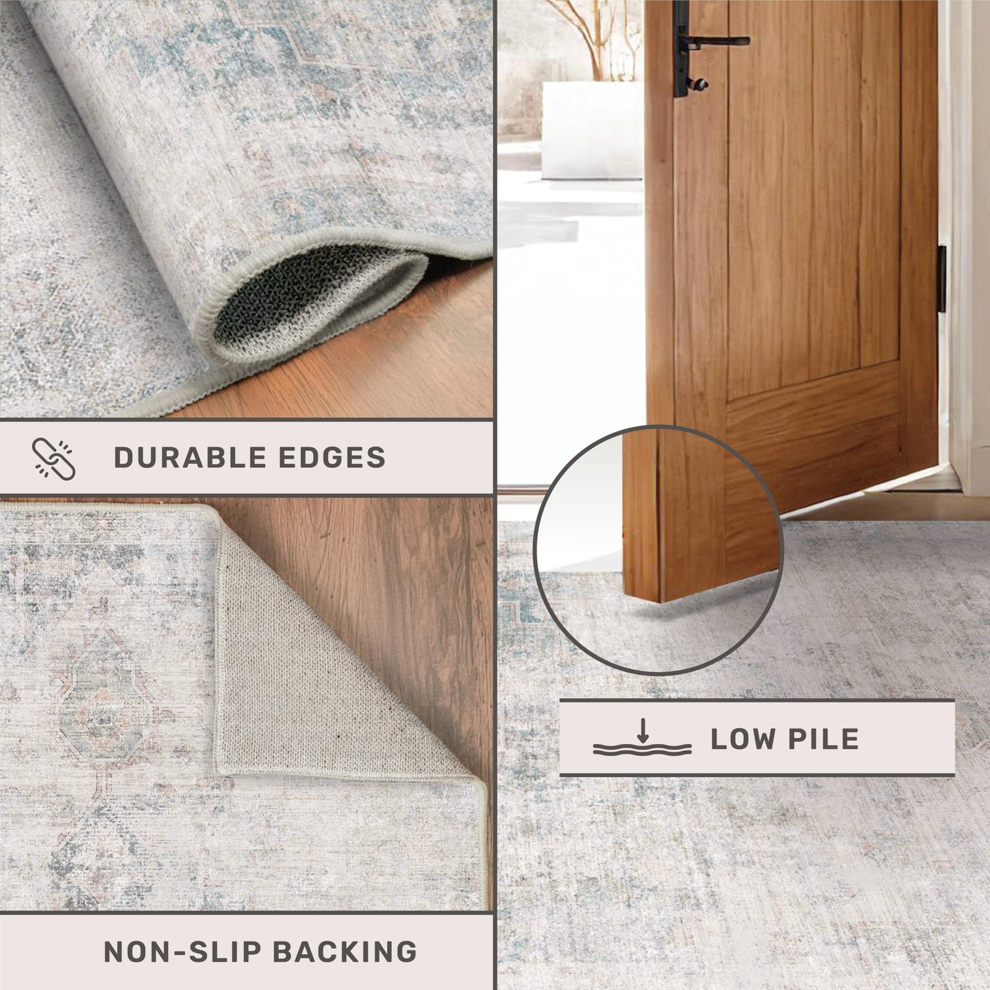 Low Pile Office Rugs for Rolling Chairs - 5x7 Abstract Rugs for Living Room, Large Entryway, Cream Slate Blue Decor, Non Slip with Rubber Backed & Stain Resistant