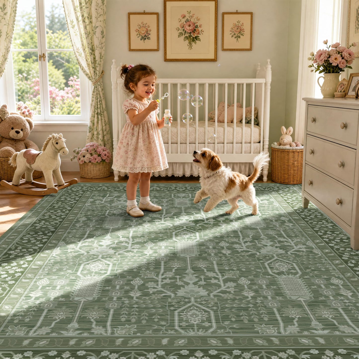 Deerly 5x7 Thin Area Rugs Living Room, Low Pile Soft Rugs with Non-Slip Backing Machine Washable Vinatge Boho Carpet for Bedroom Playroom Nurseryroom, Kid & Pet Friendly Print Floor Green Rug 5x7ft