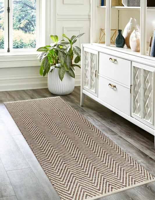 Cotton Chevron Hand Woven Area Runner Rug 2x6 Feet - Beige, Farmhouse Decorative Floor Runners Ideal for Hallways, Kitchen, Bedroom | Linen Nursery Neutral Geomatric Reversible Living Space Patio Mats