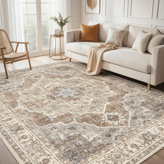 Micgeek 8x10 Washable Area Rug: Vintage Neutral Soft Non Slip Thin Large Floor Carpet for Living Room Bedroom Kitchen Dining Room Home Office Farmhouse Indoor - Beige Brown