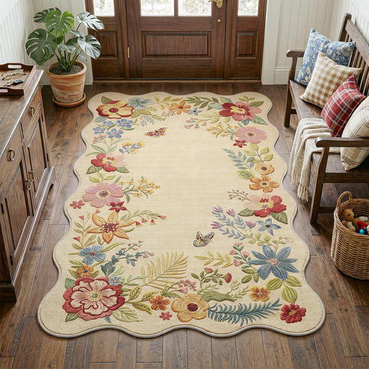 FMFUNCTEX 3x5 Washable Area Rug Beige Floral Neutral Vintage Flower Botanical Cottage Boho Non Slip Low Pile Indoor Carpet for Entryway Entrance Soft Scalloped Rug Living Room Bedroom Kitchen Office