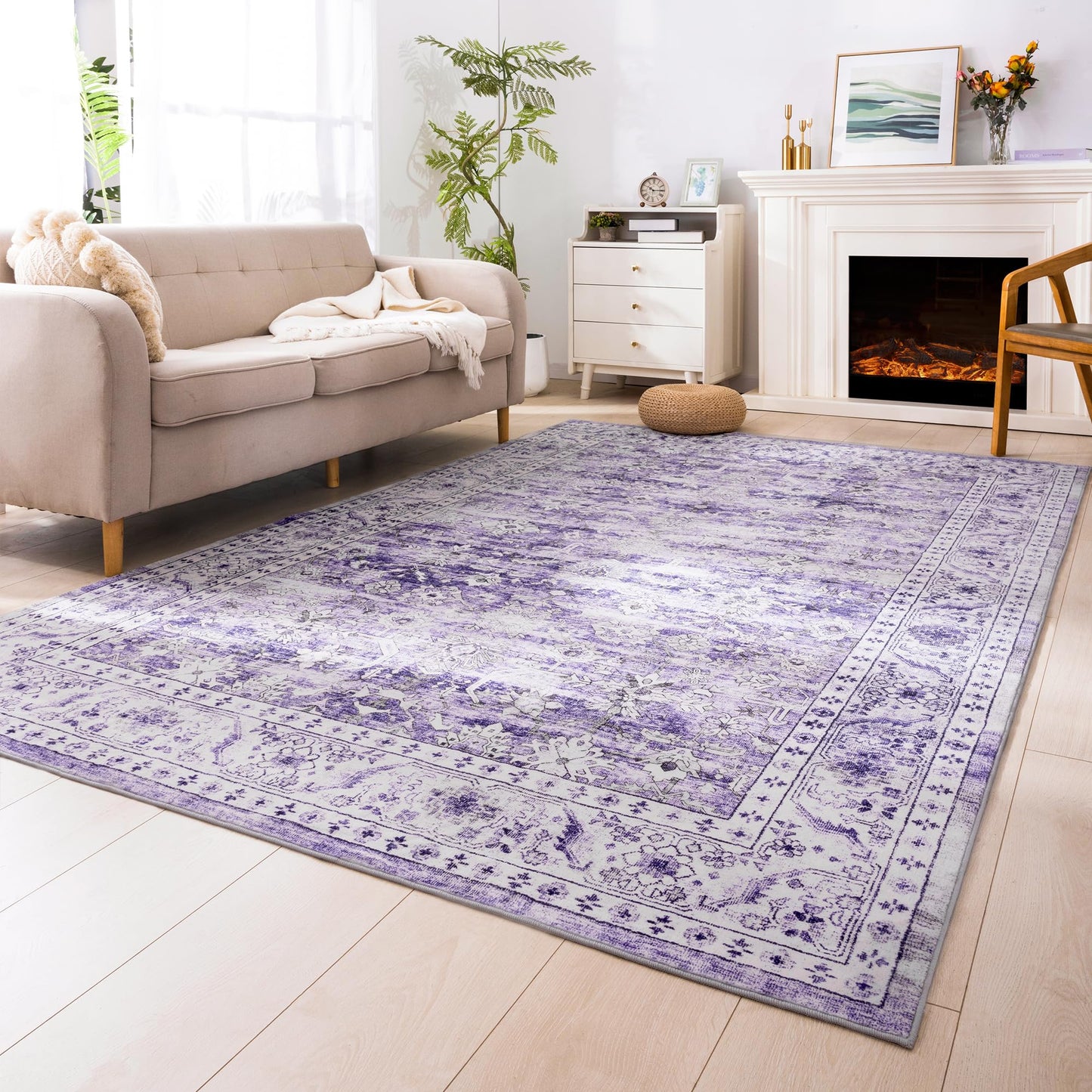 Carvapet 6x9 Area Rug - Large Dark Blue Vintage Floral Rectangular Carpet Low Pile, Non Slip Rubber Backing Machine Washable Mat for Living Room Bedroom