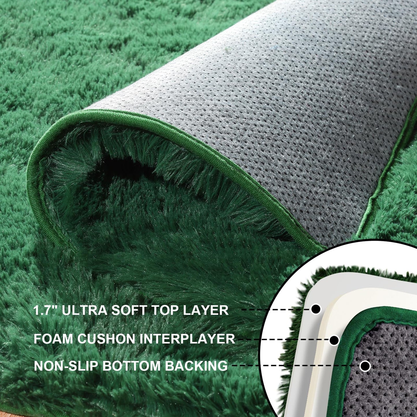Ehayx Dark Green Rugs for Bedroom, 2x3 Fluffy Area Rugs for Living Room, Small Fuzzy Shag Soft Carpet with 4 Non-Slip Adhesive Strips for Kids Boys and Girls Nursery Dorm Home Decor (2ft X 3ft)