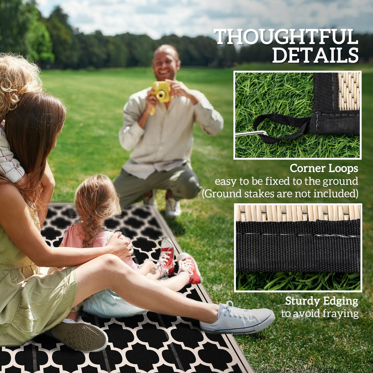 Outsunny Reversible Outdoor Rug, 9' x 12' Waterproof Plastic Straw Floor Mat, Portable RV Camping Carpet, Large Floor Mat for Backyard, Deck, Picnic, Beach, Black & Beige