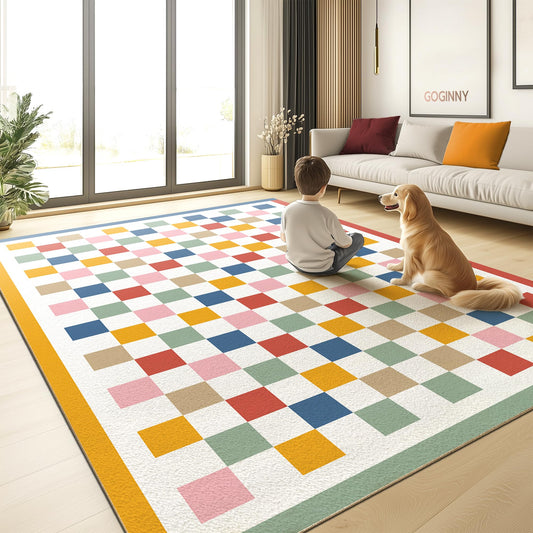 Washable 5x7 Checkered Area Rug for Living Room, Colorful Rainbow Checkerboard Modern Large Rugs, Faux Wool Low Pile Lightweight Indoor Carpet with Non-Slip Backing for Bedroom Kids Nursery Play Room