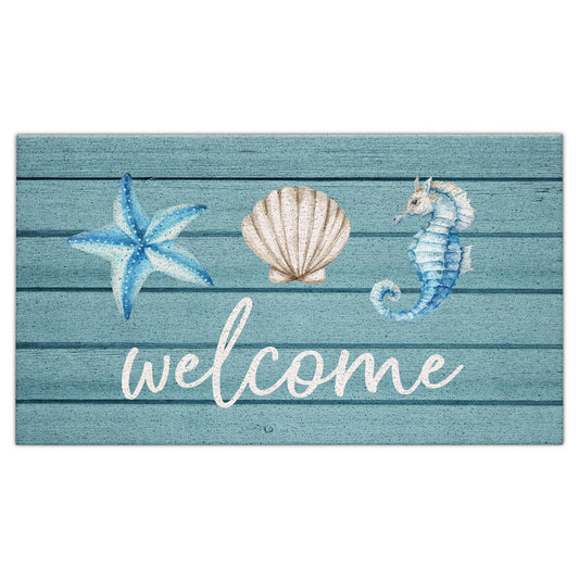 Jvpke Beach Welcome Mat for Front Door, Beach Door Mat, Starfish Seashell Seahorse Beachy Door Mats Indoor Outdoor Entrance Porch, Ocean Beachy Baths Mats for Bathroom, 17x30 Inches