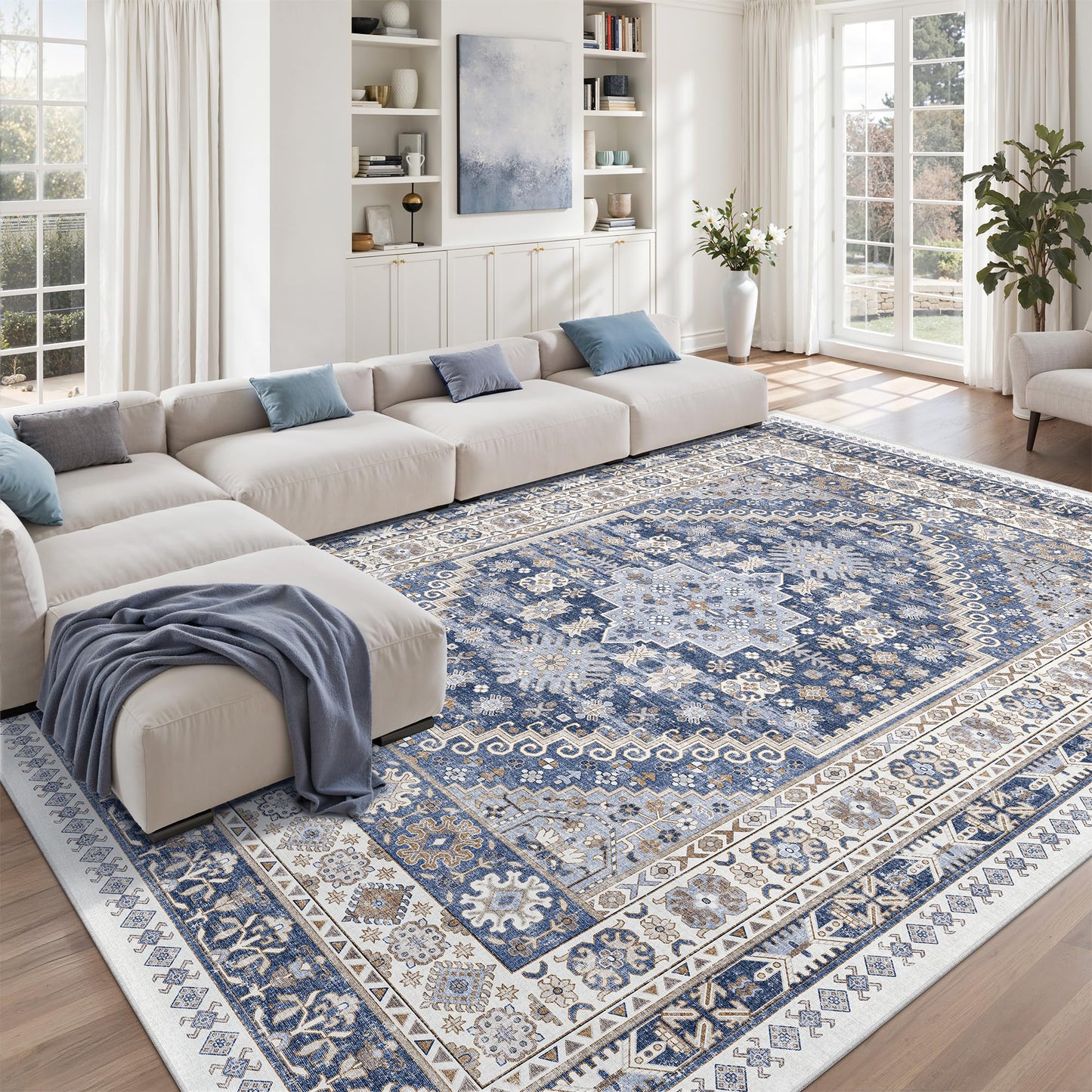 zesthome 9x12 Area Rugs,Stain Resistant Washable Rug,Ultra-Thin Rugs for Living Room,Bedroom,Non-Slip Backing Home Decor Large Area Rug (Blue/Beige,9'x12')