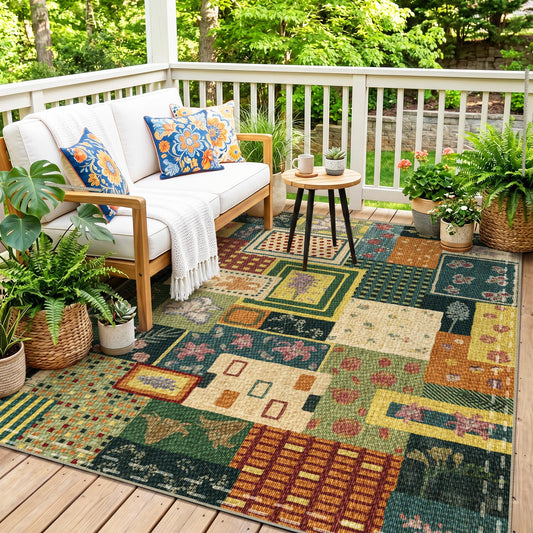 Quntue Washable Easy Jute Layering Rug for Front Porch 4x6 Farmhouse Patchwork Outdoor Patio Rug Non Slip Boho Floral Indoor Outdoor Carpet for Living Room, Bedroom, Balcony, Dining, Office