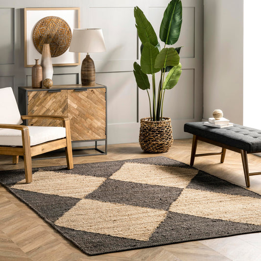 nuLOOM Pandora Diamond Jute Area Rug - 4x6, Global Inspired Black/Ivory Neutral Rug for Dining, Living, Kitchen