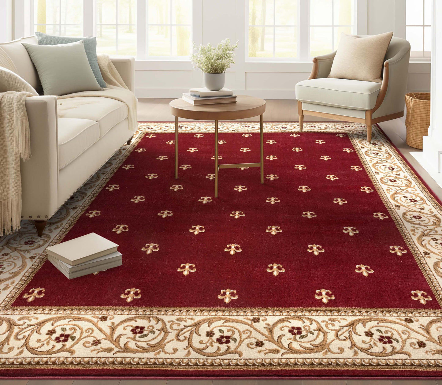 Well Woven Fleur de Lis Elegance Traditional Red 8x10 (7'10" x 9'10") Area Rug – 100% Jute Backing, Durable Living Room, Bedroom & Dining Room Area Rug