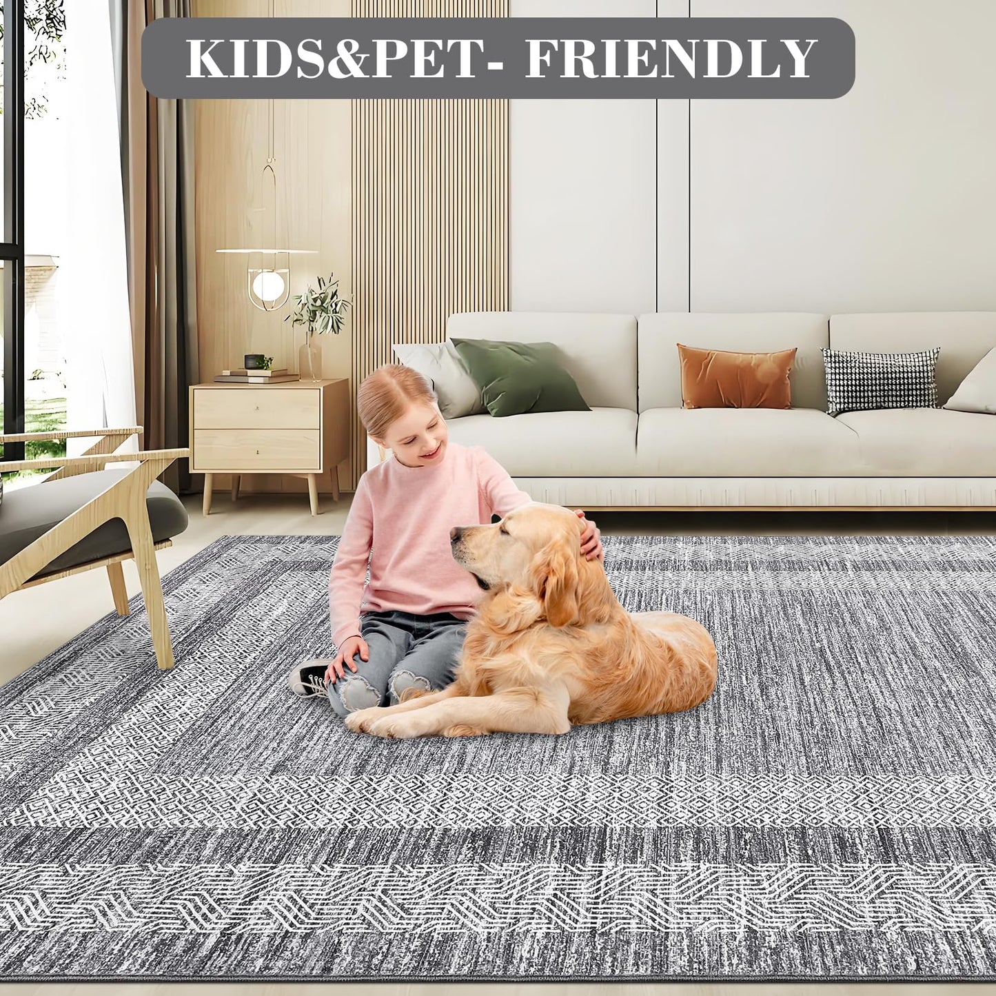 GarveeHome Modern Geometric Area Rug 5x7 Distressed Bordered Rug Washable Non Slip Floor Carpet Non Shedding Thin Rug, Soft Low Pile Rug, Contemporary Gray Rug for Dining Room, Living Room